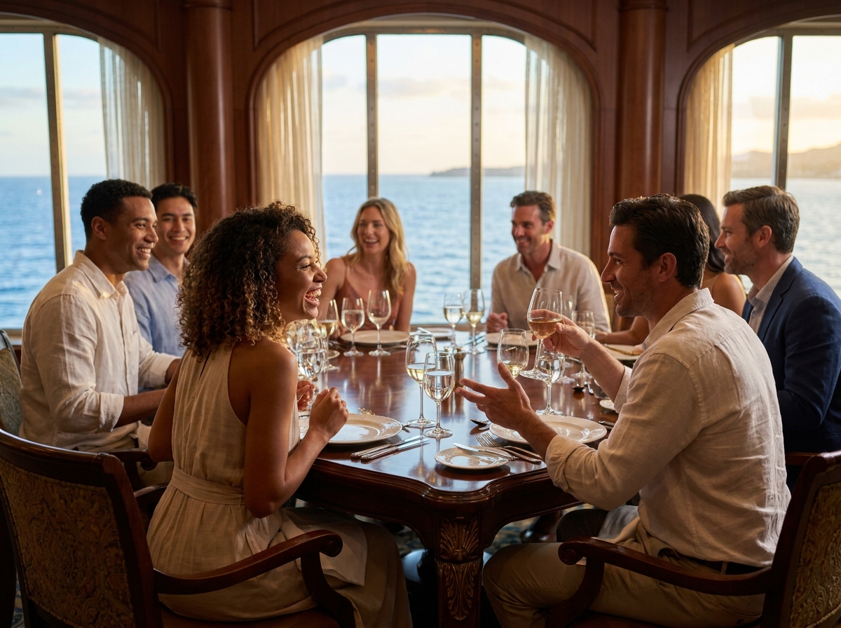Groupe d'amis lors d'un dîner en croisière