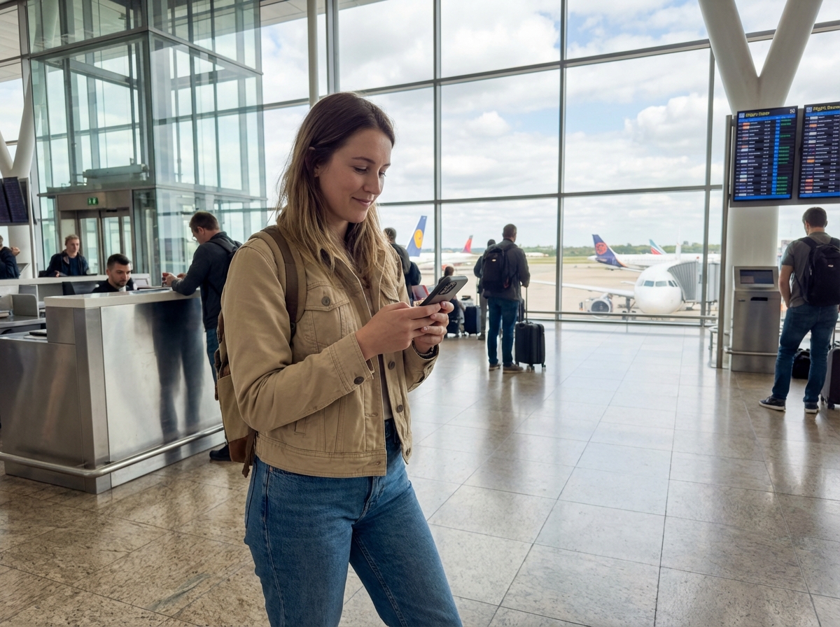 Femme vérifiant son smartphone à l'aéroport