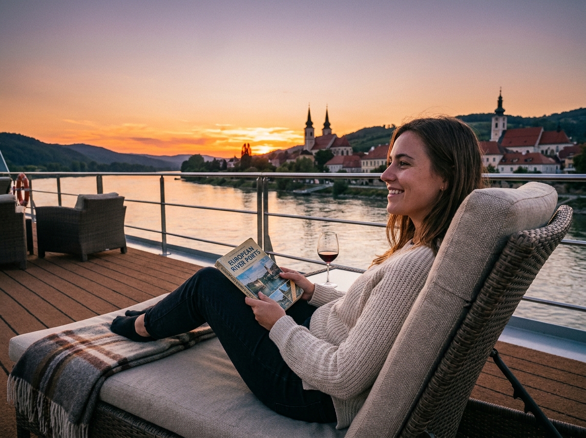 Femme admirant le coucher de soleil sur le Danube
