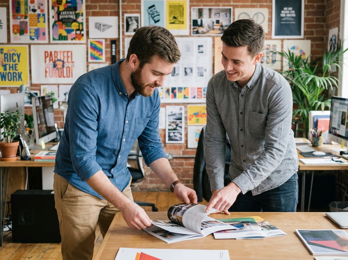 Homme consultant des brochures avec un collègue